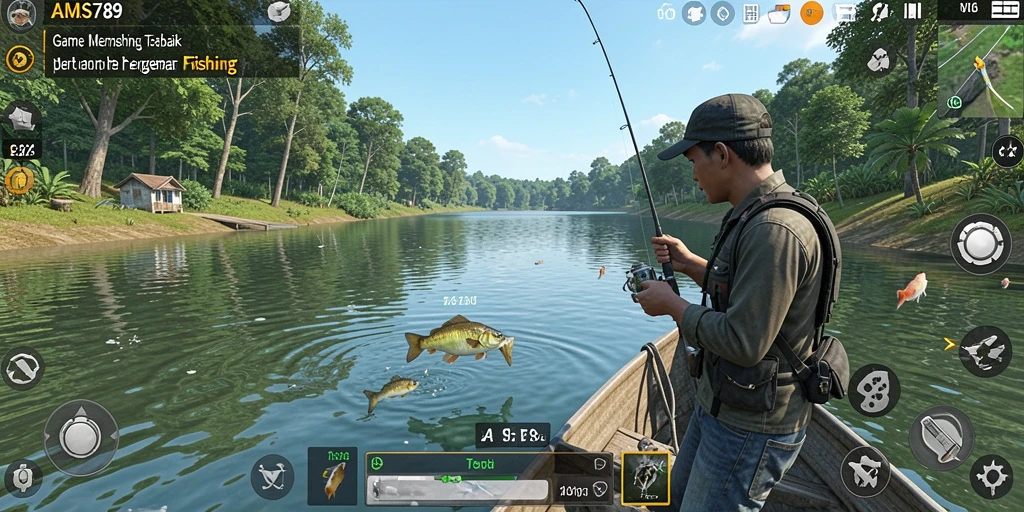 Tampilan gameplay menawan dari AMS789 saat memancing di laut.