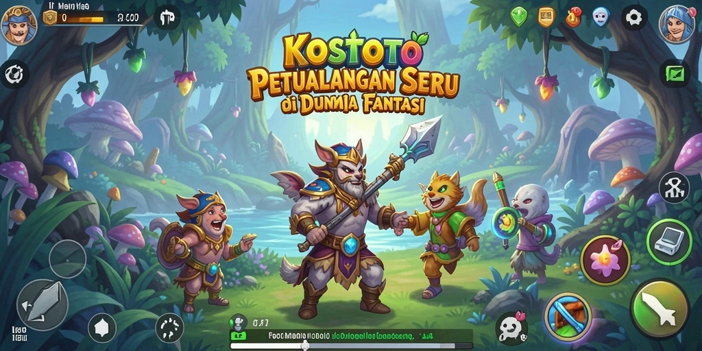 Screenshot gameplay KOSTOTO menampilkan petualangan karakter menjelajahi dunia fantasi.